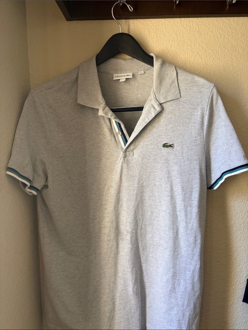 Lacoste Light Gray Polo with Blue-Trim Sleeves